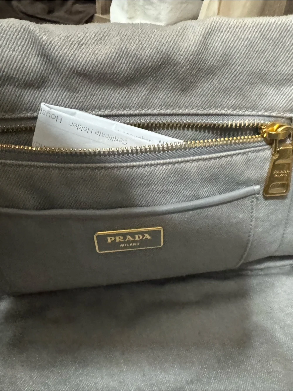 Prada Gray Canvas Tote with White Logo